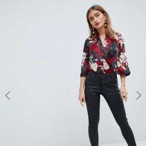 ASOS Wrap Front Bodysuit in Red Floral Print